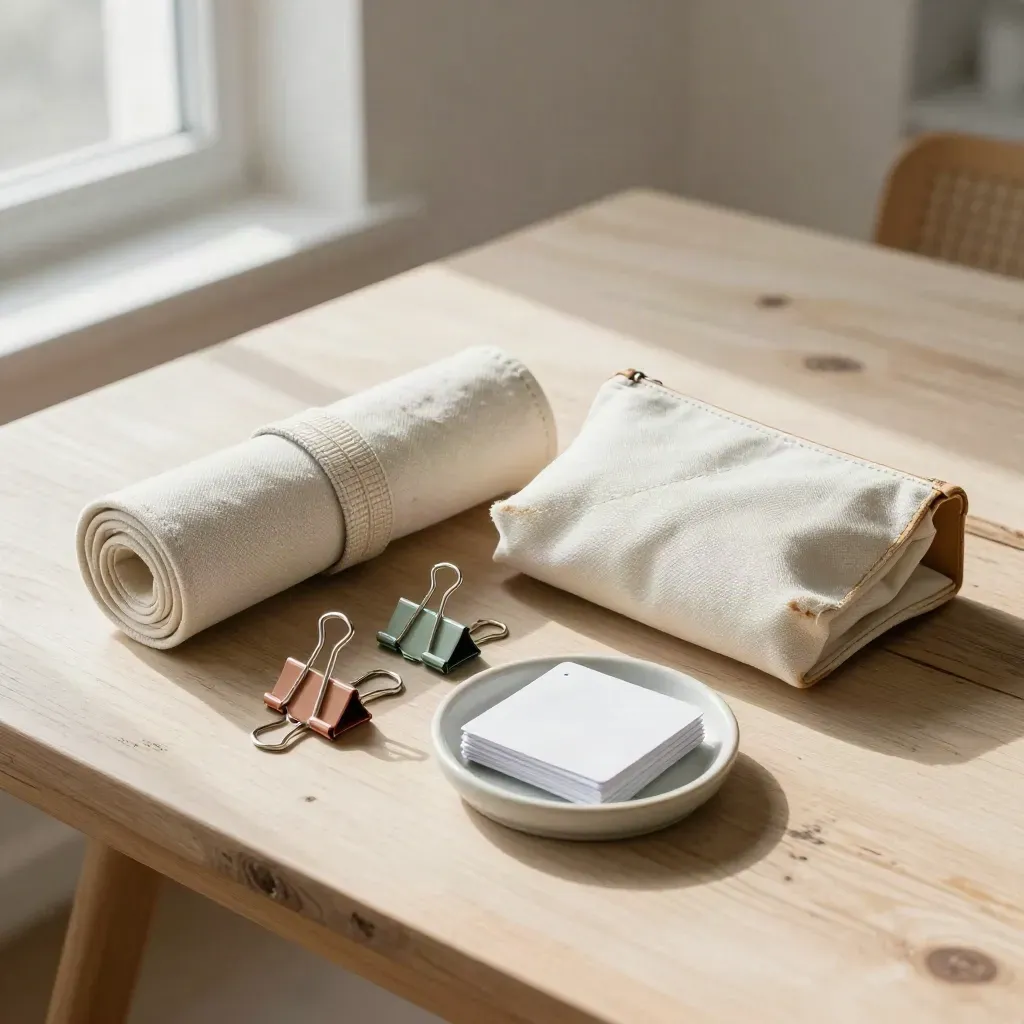 Toolkit sleeve, binder clips, pouch, and dish on a weathered worktable in bright winter light.