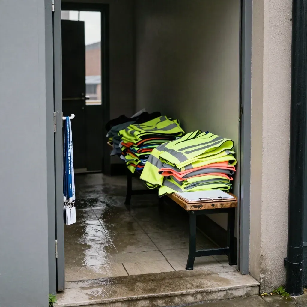 Rainy neighborhood center doorway with volunteer lanyards, folded hi-vis vests, and face-down clipboards.