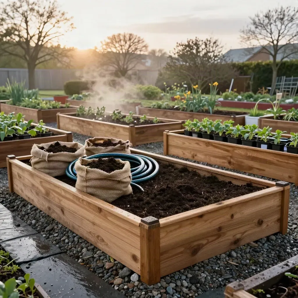 Fresh cedar garden beds with soil sacks, hoses, seedlings, and steam after spring rain.
