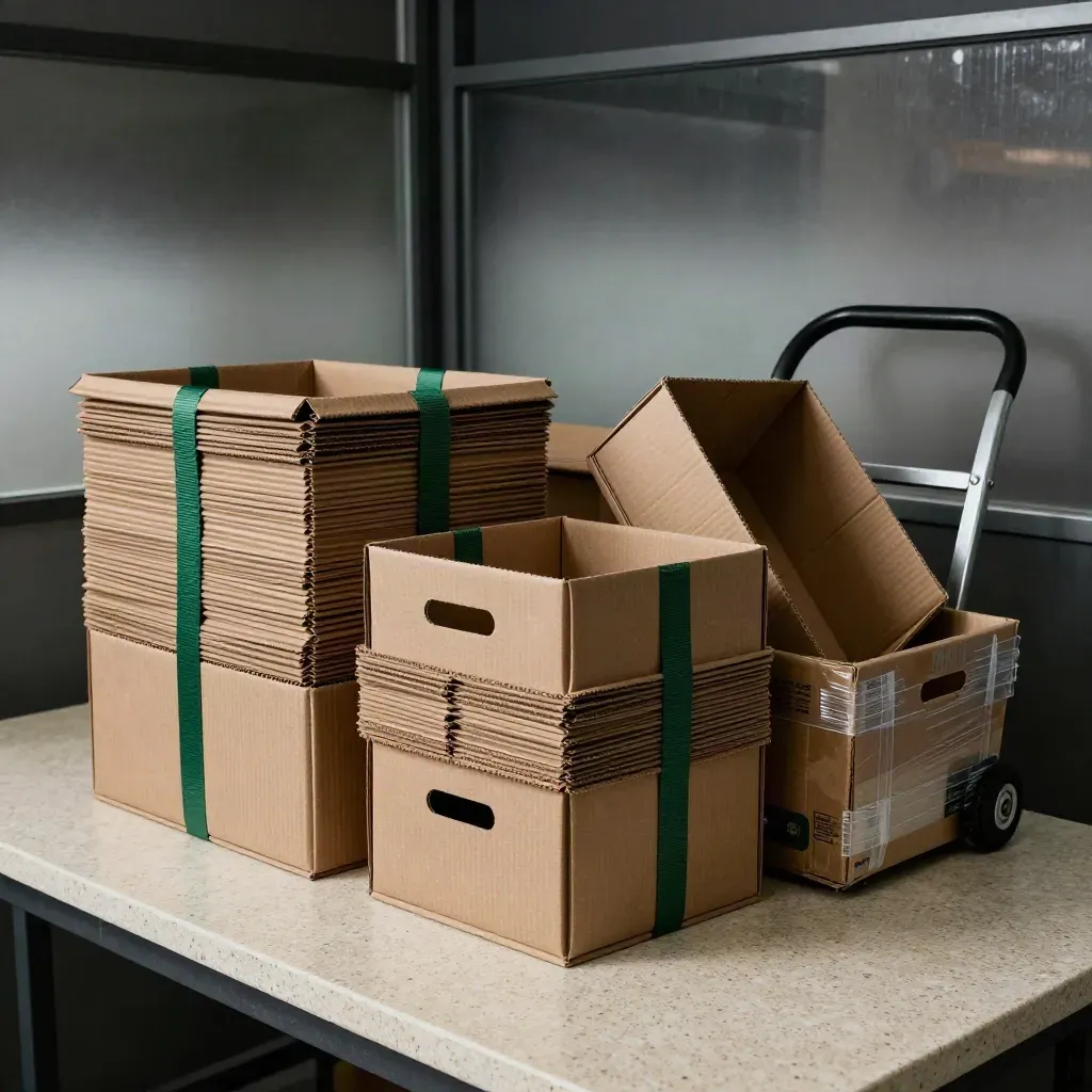 Pantry crates, delivery totes, hand truck, and produce bins on a travertine loading table at dawn