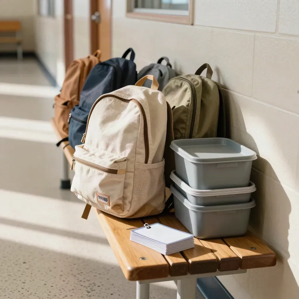 Backpacks and school supplies lined up on a hallway bench in warm afternoon light.