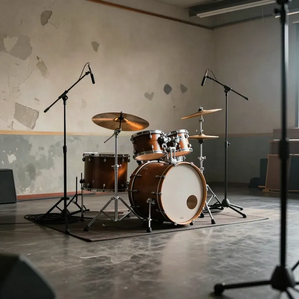 Empty youth arts room with drums, mic stands, mural fragments, and haze at dusk.