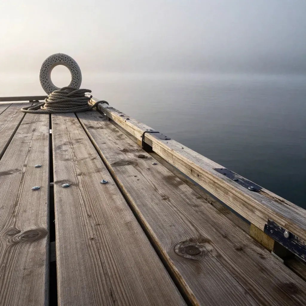 Dock repair planks, rope coils, and a safety cone in sea fog at the pier edge