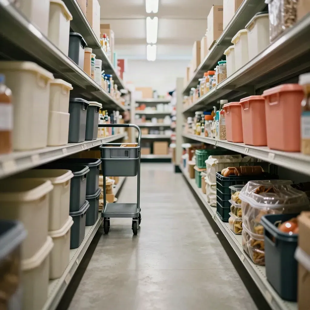 Pantry aisle with sorted bins, quiet cart, and reset shelves after closing.