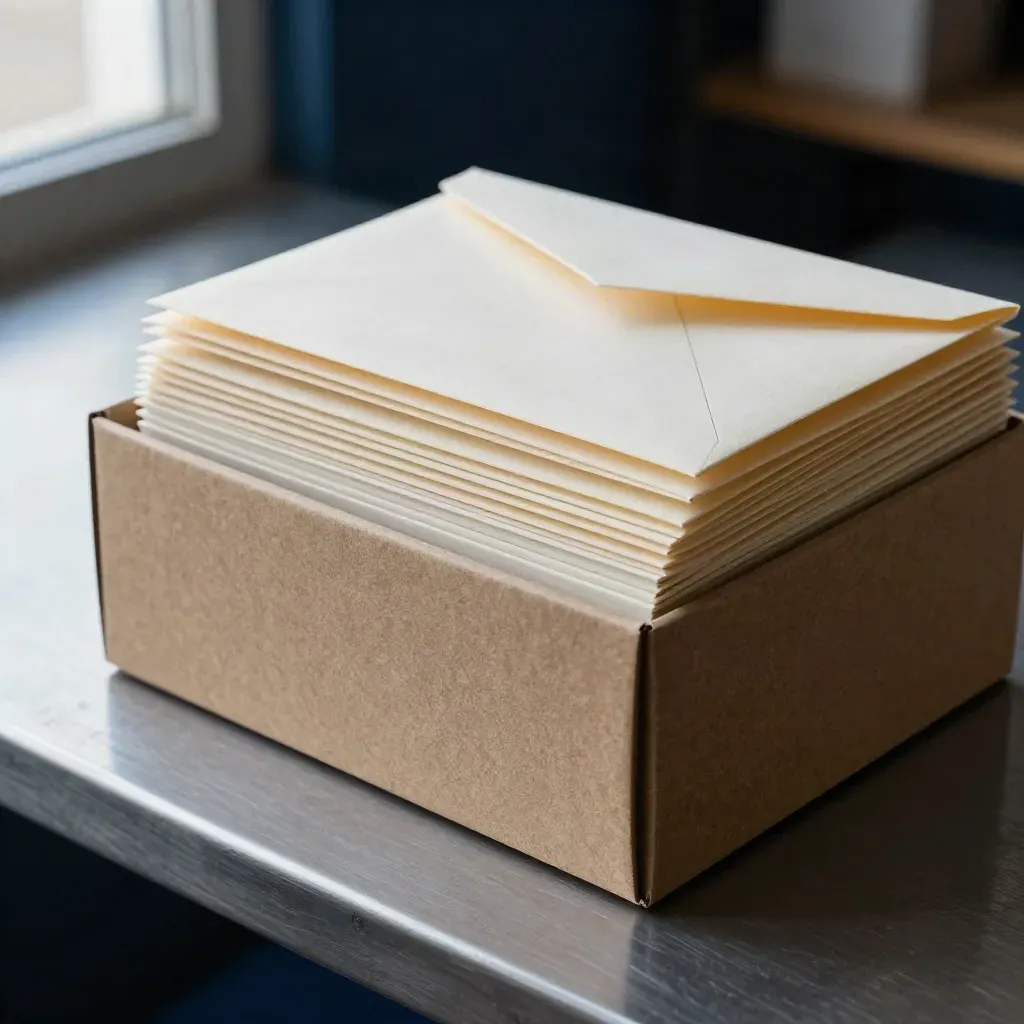 Stacked partner toolkit boxes, envelopes, and folded sleeves settling on a utility table.