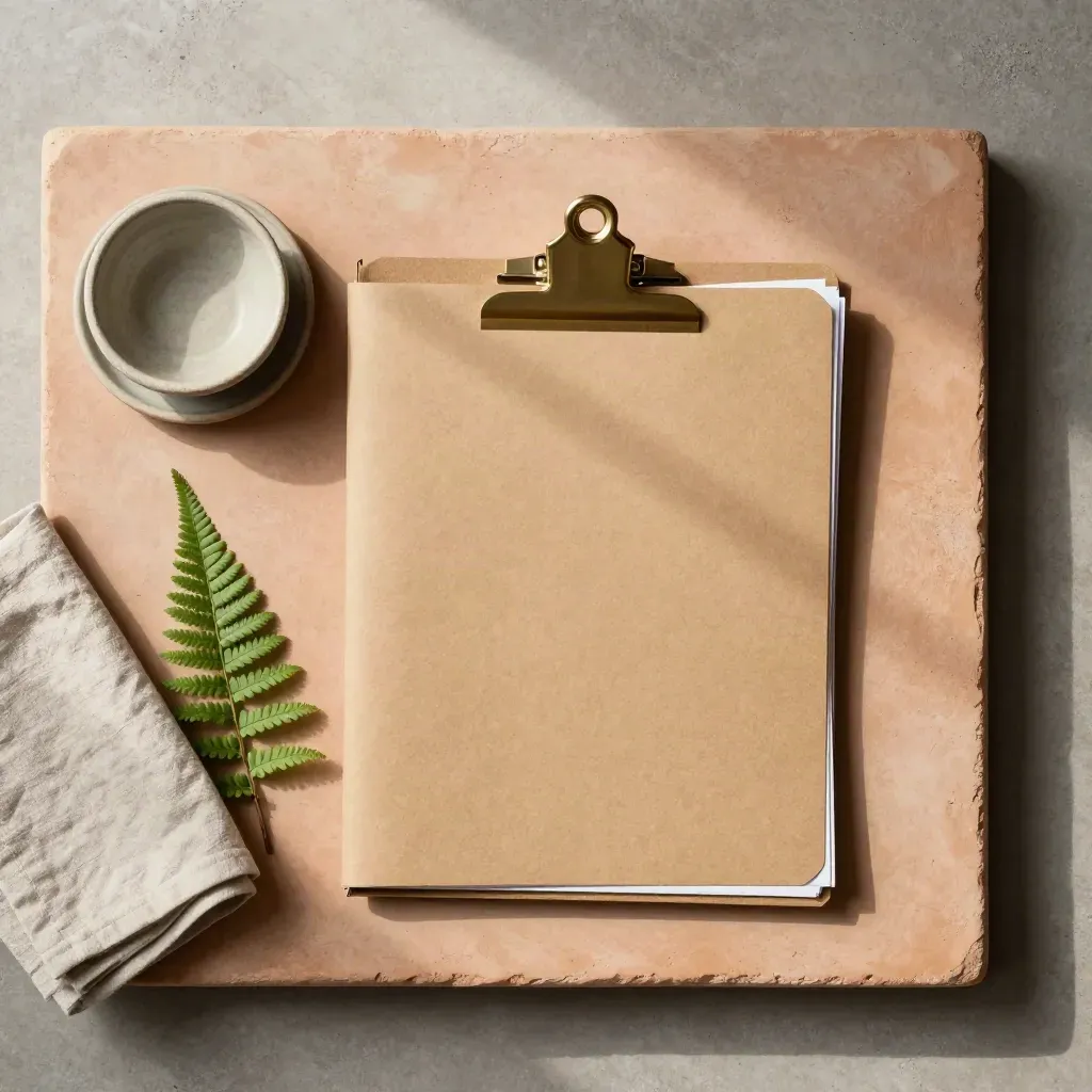 Kraft grant folder with fern, linen cloth, and ceramic dish on terracotta concrete, overhead flatlay.