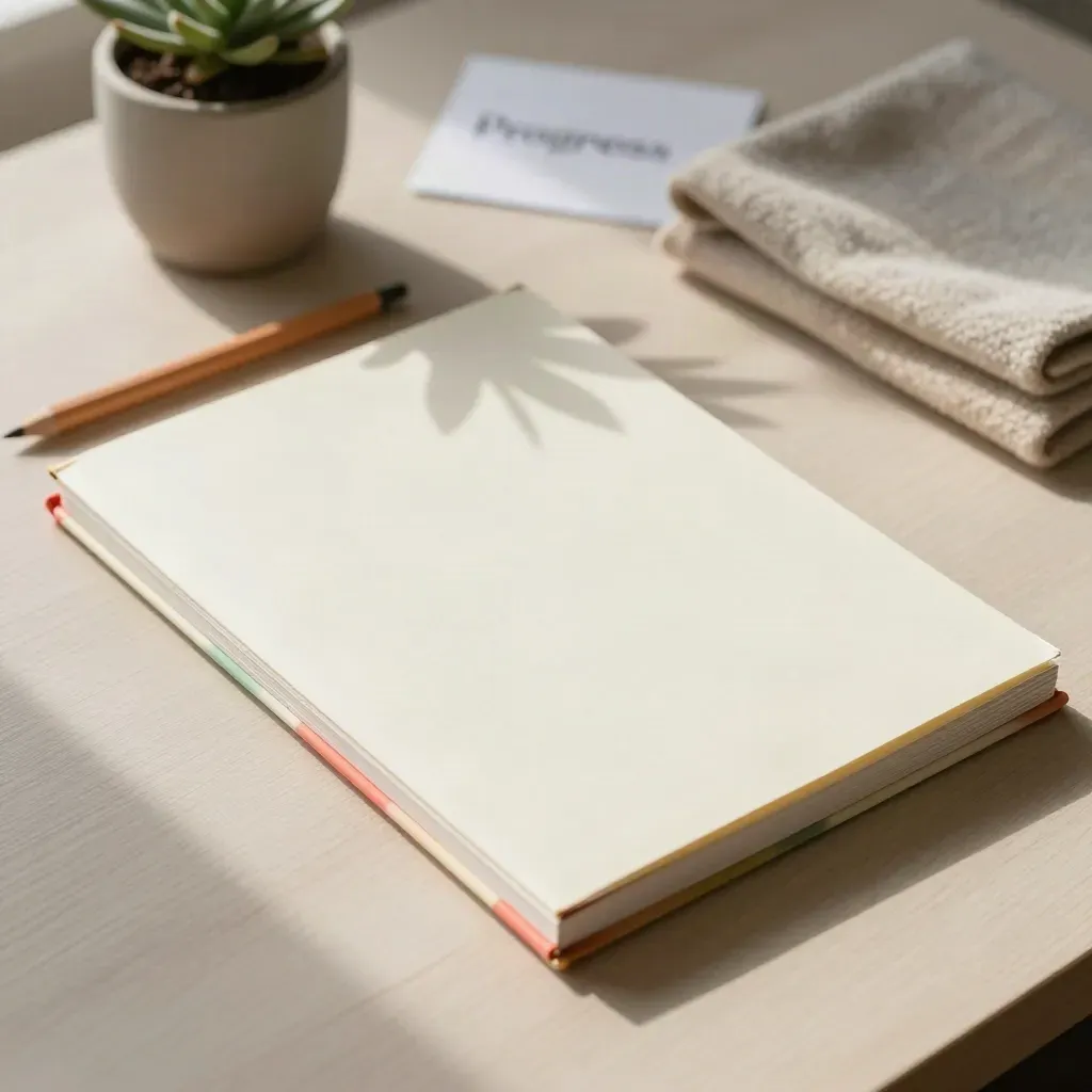 Progress report booklet with tabs, plant, pencil stub and folded cloth on pale wood.
